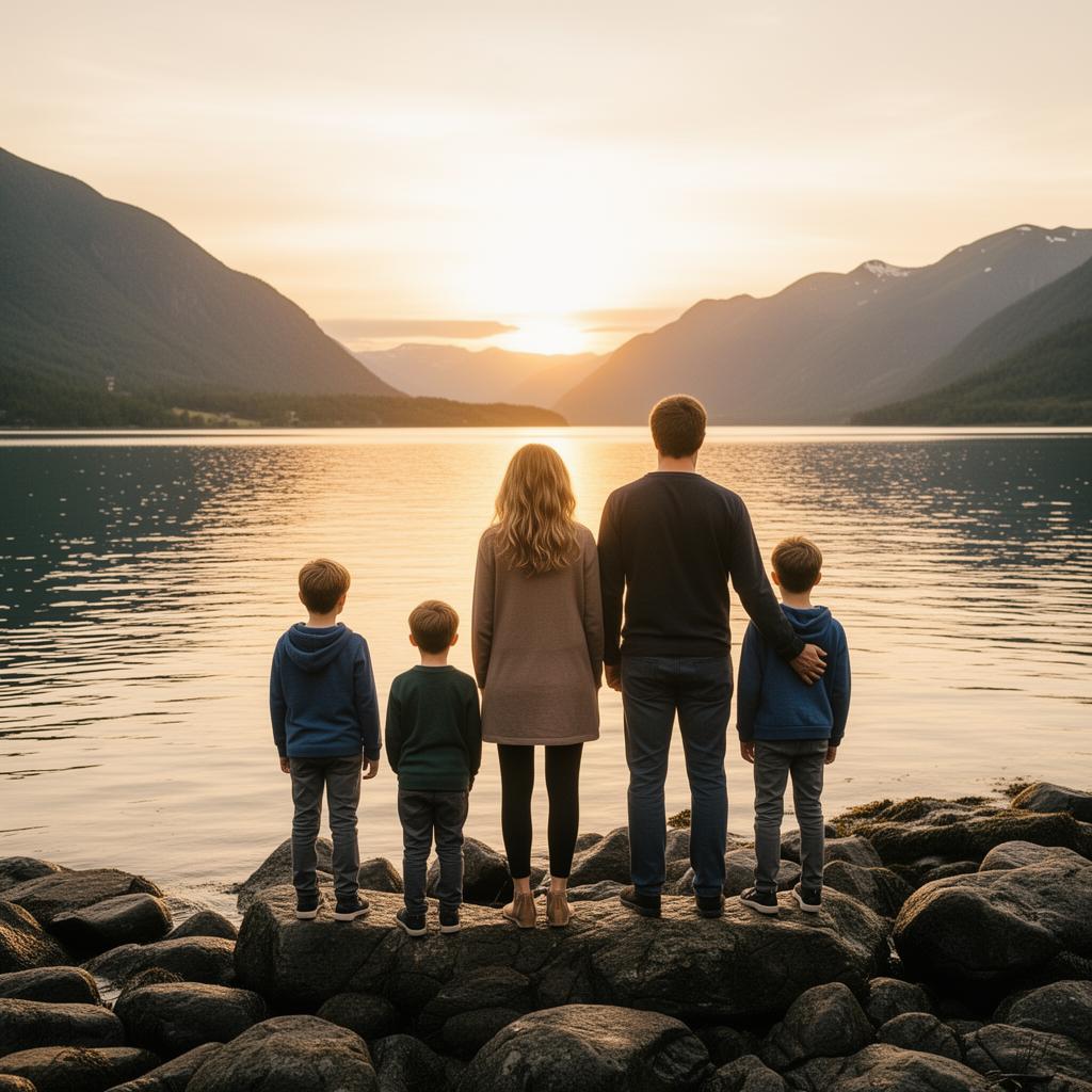 A family of five standing together at the edge of a lake at sunset