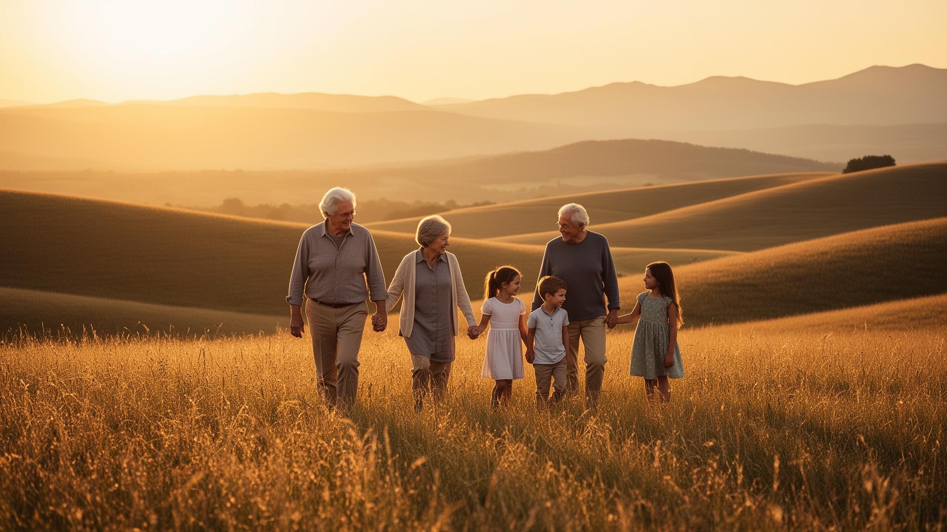 A family walking together toward a sunlit horizon