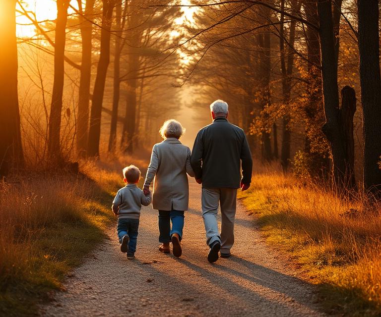 Grandparents and grandchildren walking down a wooded path at sunset