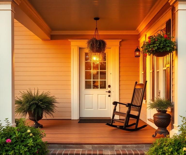 A warm classic American front porch at golden hour