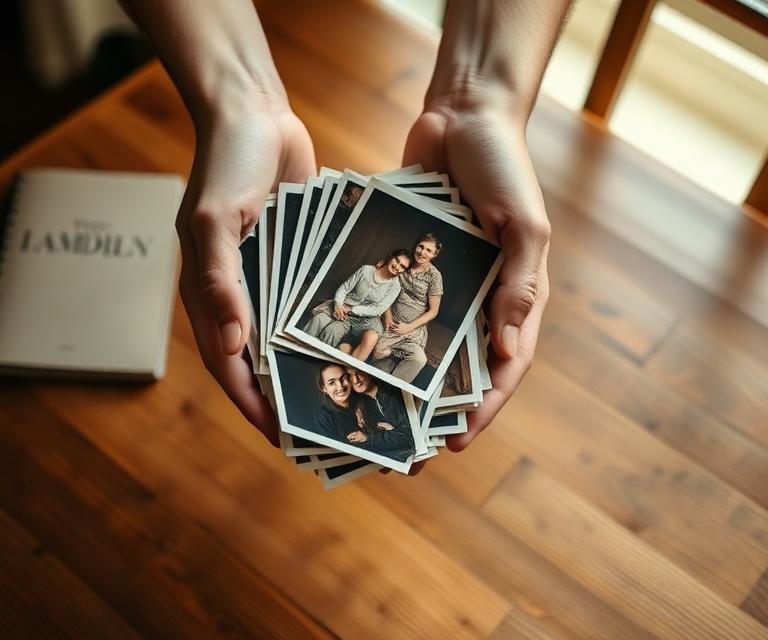 Hands holding a small stack of vintage family photographs