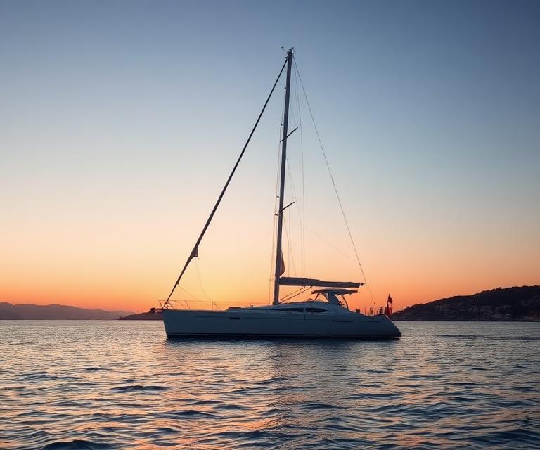 A sailboat on calm water at golden hour