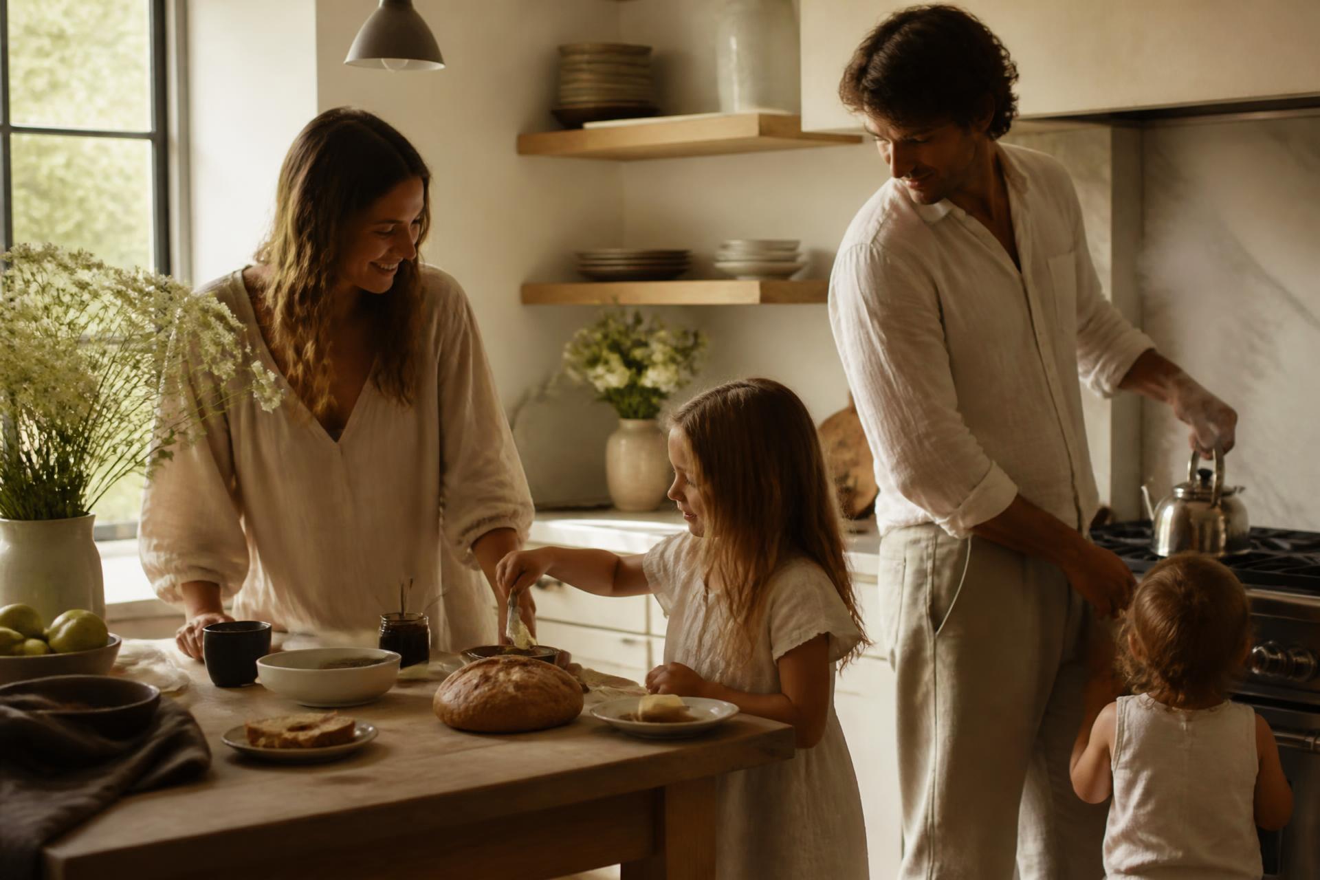 A family preparing breakfast together in a warm, sunlit kitchen.
