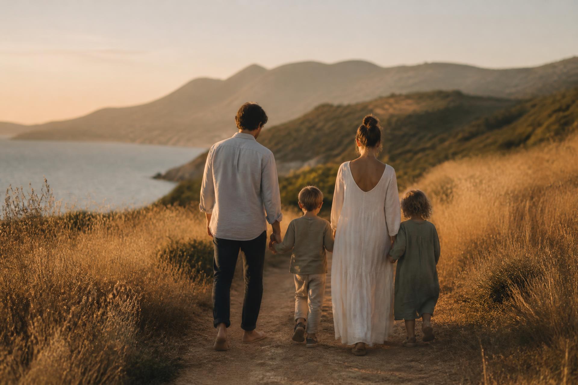 A family walking together along a path through golden grasses at sunset